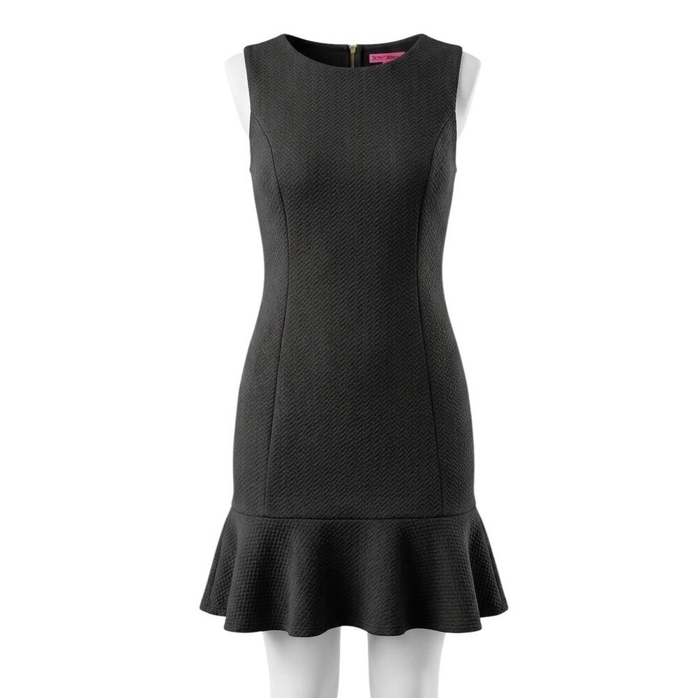 Betsey Johnson Black Textured Fit Flare Ruffle Hem Dress Size 12 LBD Sleeveless
